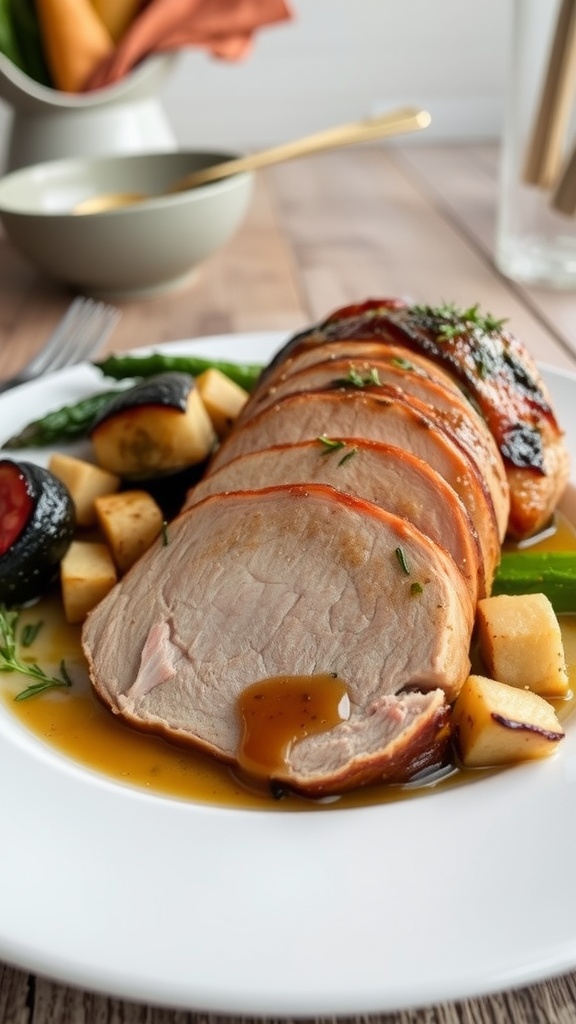 Slices of juicy pork loin on a plate with roasted vegetables, garnished with herbs.